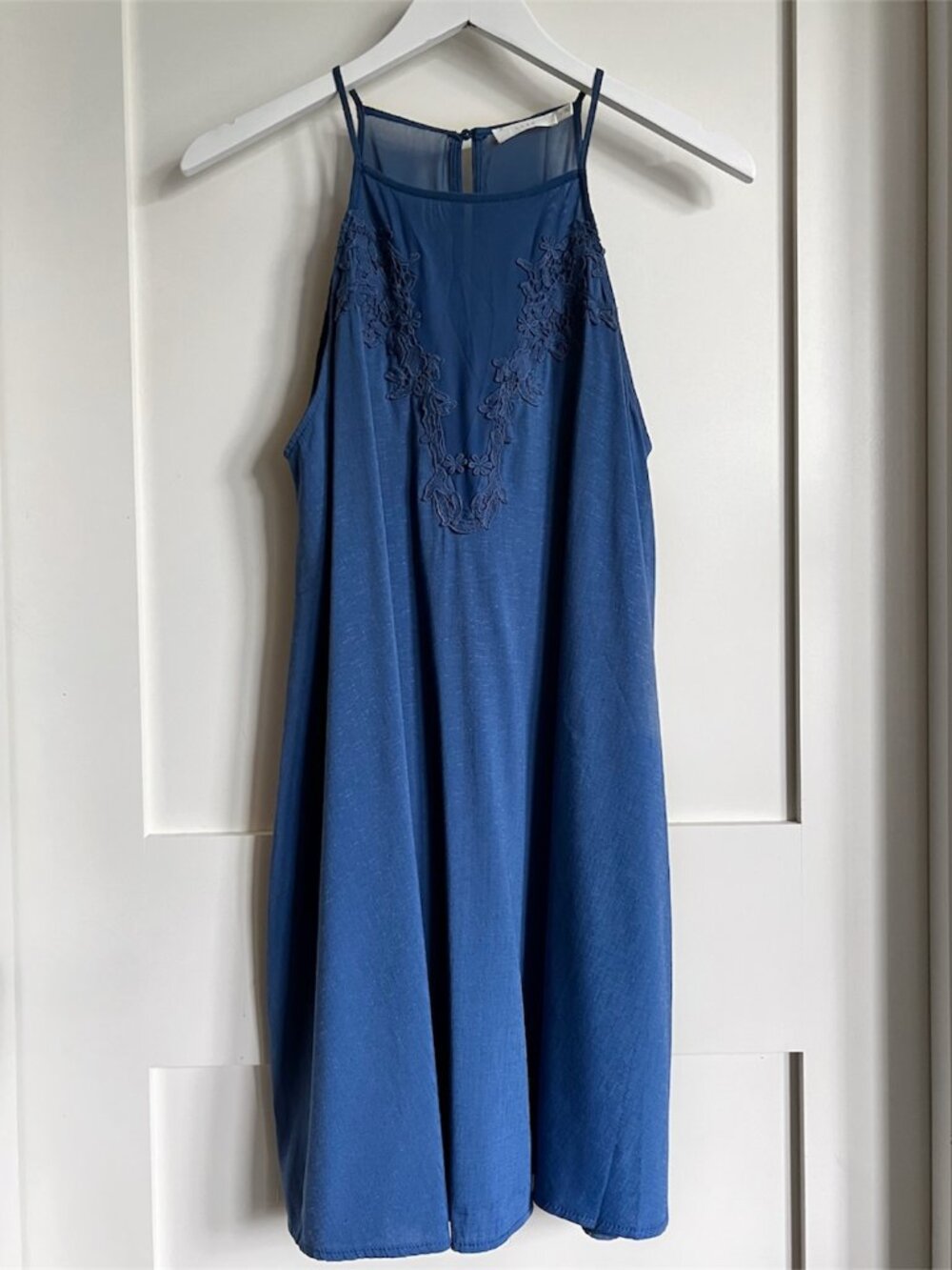 Lush Chambray Sleeveless Dress with Sheer Mesh Neckline - Blue - Size M